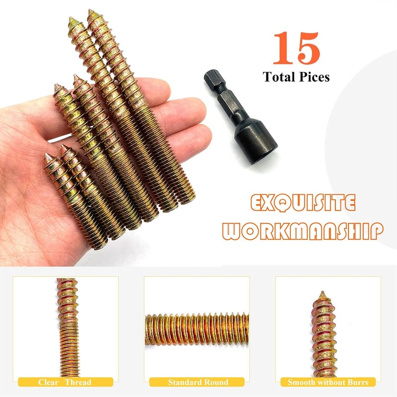 Matrelt 15Pack 3/8-16" Hanger Bolts 3Sizes 2-4 Inch Include1 pcs Hanger Bolt Driver Double Headed Bolts Wood Dowel Screw Self-Tapping Screw for Furniture Screws Wood Screws Double Threaded Rods - Image 4